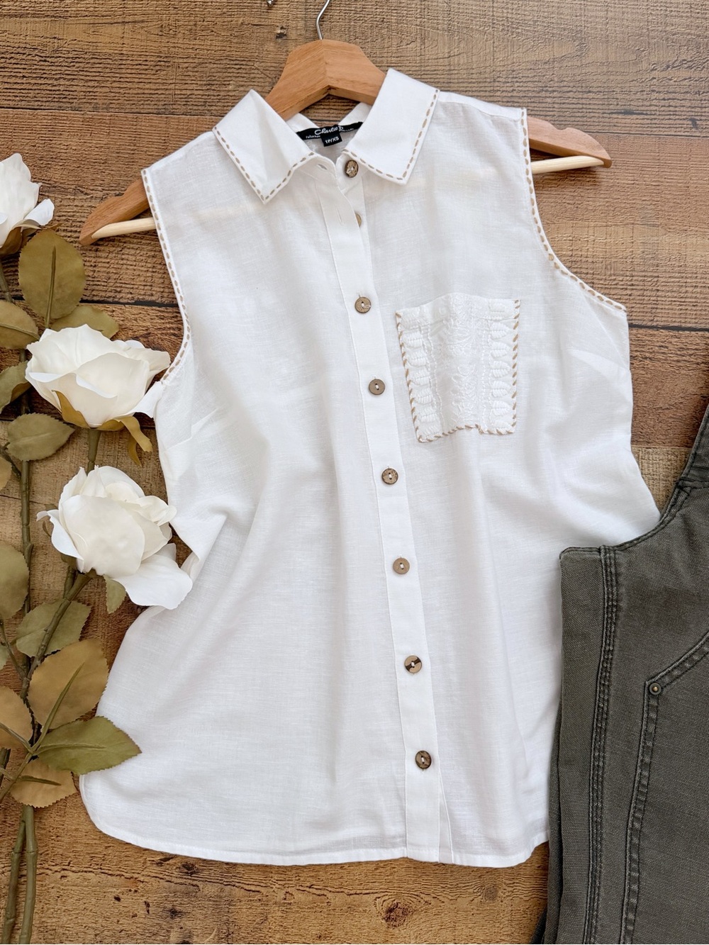Sleeveless Button-Down Linen Cotton Top Embroidered Beading